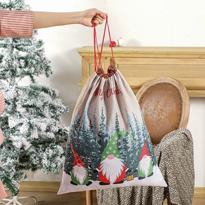 Linen Christmas gnome drawstring gift bag with Merry Christmas print and red rope