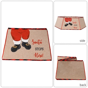 Front, side and back views of a burlap Christmas tree collar with Santa pattern