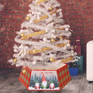 Octagonal Christmas tree base box with plaid pattern and festive gnome illustrations