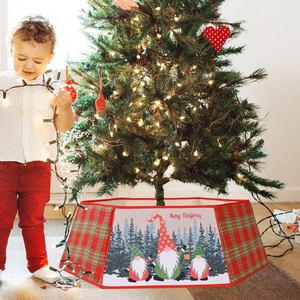 Plaid Christmas tree collar with Nordic gnomes and Merry Christmas print for home decor