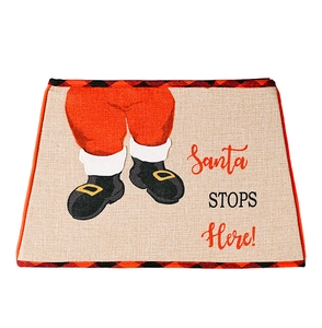 Detail of burlap Christmas tree box with Santa slogan and red buffalo plaid border