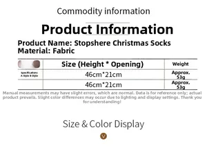 Tabella taglie per calze di Natale a quadretti con dimensioni 46x21cm e dettagli tessuto