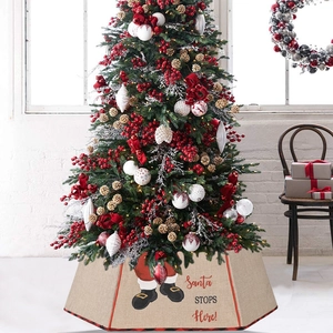 Christmas Tree Collar Burlap Base Cover With Santa Pattern Buffalo Plaid Border Foldable Festive Holiday Decoration For Xmas Tree