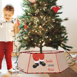 Linen Christmas tree collar with Santa pattern and red plaid trim for home decoration