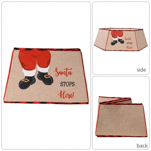 Beige burlap Christmas tree collar with Santa pattern and red buffalo plaid edges