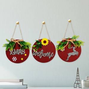 Three-piece buffalo plaid Christmas wood signs with XMAS, welcome text and reindeer
