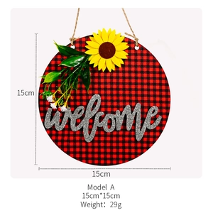Christmas buffalo plaid wooden welcome sign with sunflowers and greenery, 15cm round decor