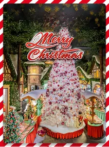 Detailed view of pink Rudolph tree skirt with glowing lights under a white Christmas tree