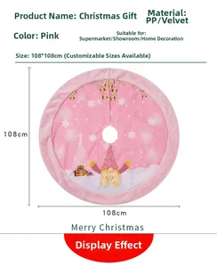 Pink Christmas tree skirt with gnome and snowflake patterns, size 108x108cm with light