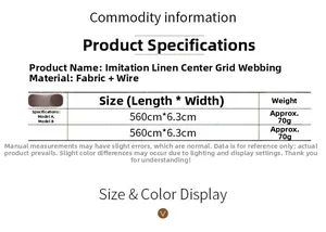 Size chart for Christmas faux linen plaid ribbon with dimensions 560cm by 6.3cm and materials