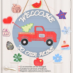 Wooden round welcome door sign with 12 interchangeable magnetic holiday accessories