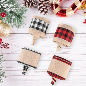 Set of 4 rustic Christmas burlap ribbons with buffalo plaid and striped edges for DIY