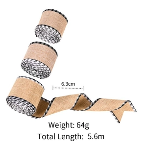 Macro detail of 6.3cm burlap ribbon with black and white plaid edges for holiday crafts