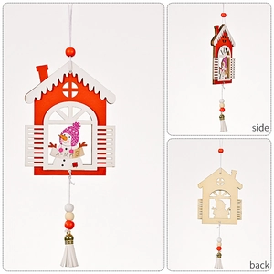 Detailed views of a wooden snowman house ornament with white fringe and beaded tassel
