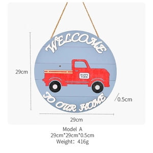 Detailed specs for 29cm wooden welcome sign featuring red truck and farmhouse design
