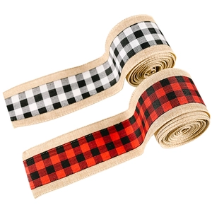 Rustic burlap Christmas ribbons with buffalo plaid patterns and stitched edges