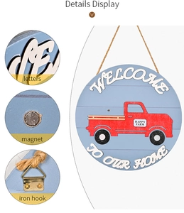 Detail showing 3D raised letters and magnetic attachment on a wooden welcome sign