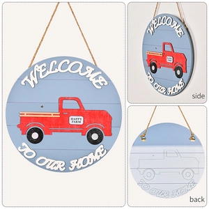 Front, side, and back views of a wooden welcome door sign with a red vintage truck