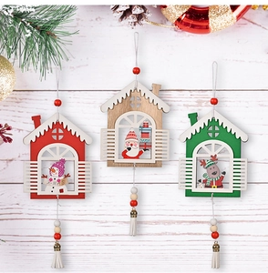 Three-piece Christmas wooden house ornaments with tassels and festive characters