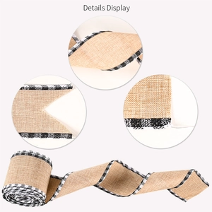 Wired burlap Christmas ribbon with black and white checkered edges for holiday decor