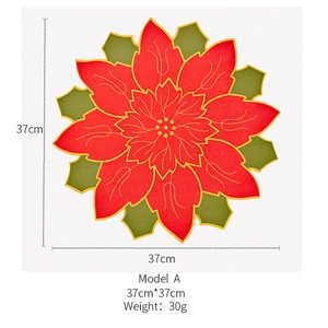 Macro detail of Christmas Poinsettia placemat featuring red felt petals and green leaves