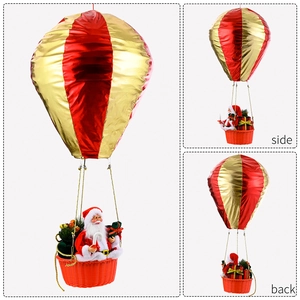 Three views of Santa Claus hot air balloon hanging ornament in red and gold stripe