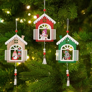 Wooden Christmas House Hanging Ornament With Tassel Santa Snowman Reindeer Pattern Festive Holiday Tree Decor For Home