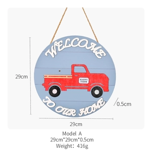 29cm round wooden welcome home sign with blue grain texture and red farm truck decor