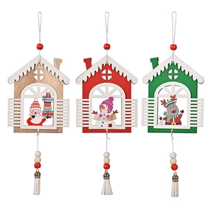 Three wooden Christmas house ornaments with Santa, Snowman, Reindeer and white tassels