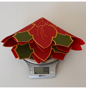 Close-up of red and green Christmas flower placemat on scale showing 30g weight