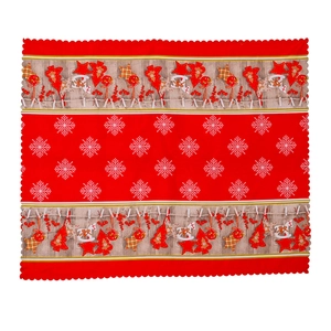 Red Christmas tablecloth with white snowflakes and festive wood-grain patterns on wavy edges