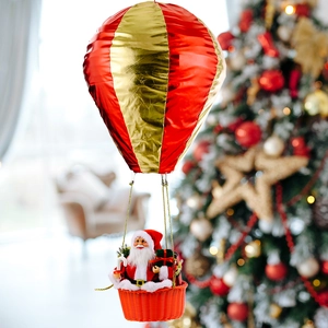 Large Christmas Santa Claus Hot Air Balloon Pendant Hanging Ornament Red Gold Striped Fabric Decoration For Mall Hotel Home Party
