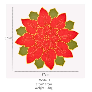 37cm Red Poinsettia flower Christmas placemat with festive green leaf accents