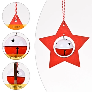 Christmas star wooden ornament with red bell and rope detail on white background