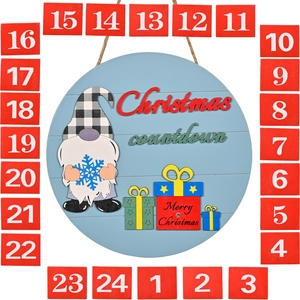 Wooden Christmas countdown calendar featuring a gnome and 24 numbered red blocks for decor