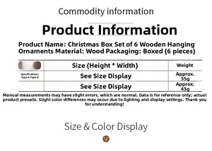 Size chart for 6pcs wooden Christmas pendants showing dimensions and weights for tree decor