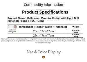 Size specifications and material chart for Halloween vampire rudolph light-up dolls