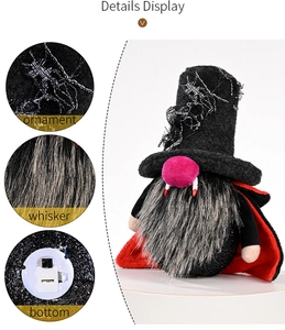 Detail view of Halloween vampire gnome featuring webbed hat, whiskers, and bottom power switch