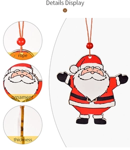 Detail view of Santa Claus wooden ornament showing rope, printing, and material thickness