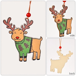 Detailed views of the front, side, and wooden texture back of a reindeer Christmas ornament