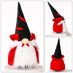 Halloween Vampir-Gnom Plüschdeko mit schwarzem Hut und rotem Umhang in mehreren Ansichten
