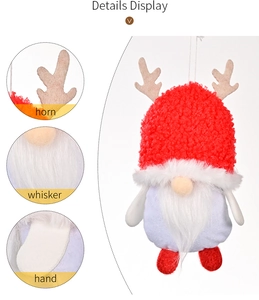 Detail display of Christmas gnome pendant showing soft reindeer horns and white fuzzy beard