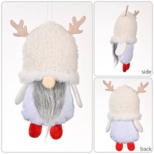 Three views showing side and back of a Christmas gnome ornament with reindeer antlers