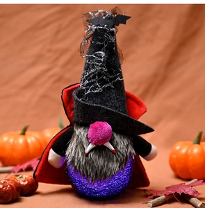 Macro view of a lit vampire gnome plush with bat lace hat and purple LED glow base
