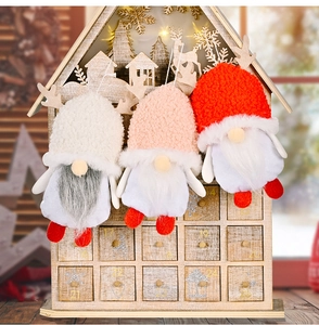 Wooden Christmas countdown calendar with plush gnome ornaments and 24 drawers