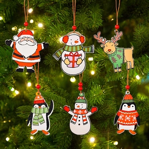 6-piece wooden Christmas tree ornaments set featuring Santa, snowman and penguin