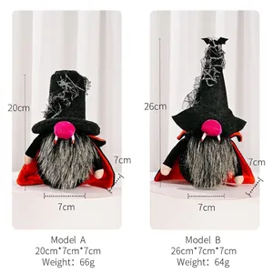 Halloween vampire gnomes with LED lights and spider web hats, size specifications shown