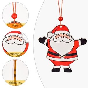 Set of 6 wooden Christmas tree ornaments featuring Santa Claus with hanging rope details