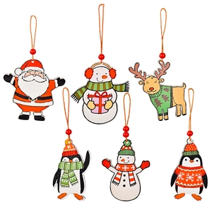 Set of 6 assorted wooden Christmas tree ornaments featuring Santa snowman and penguins