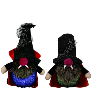 Halloween lighted vampire gnome plush with sequined bodies and velvet capes on white backdrop